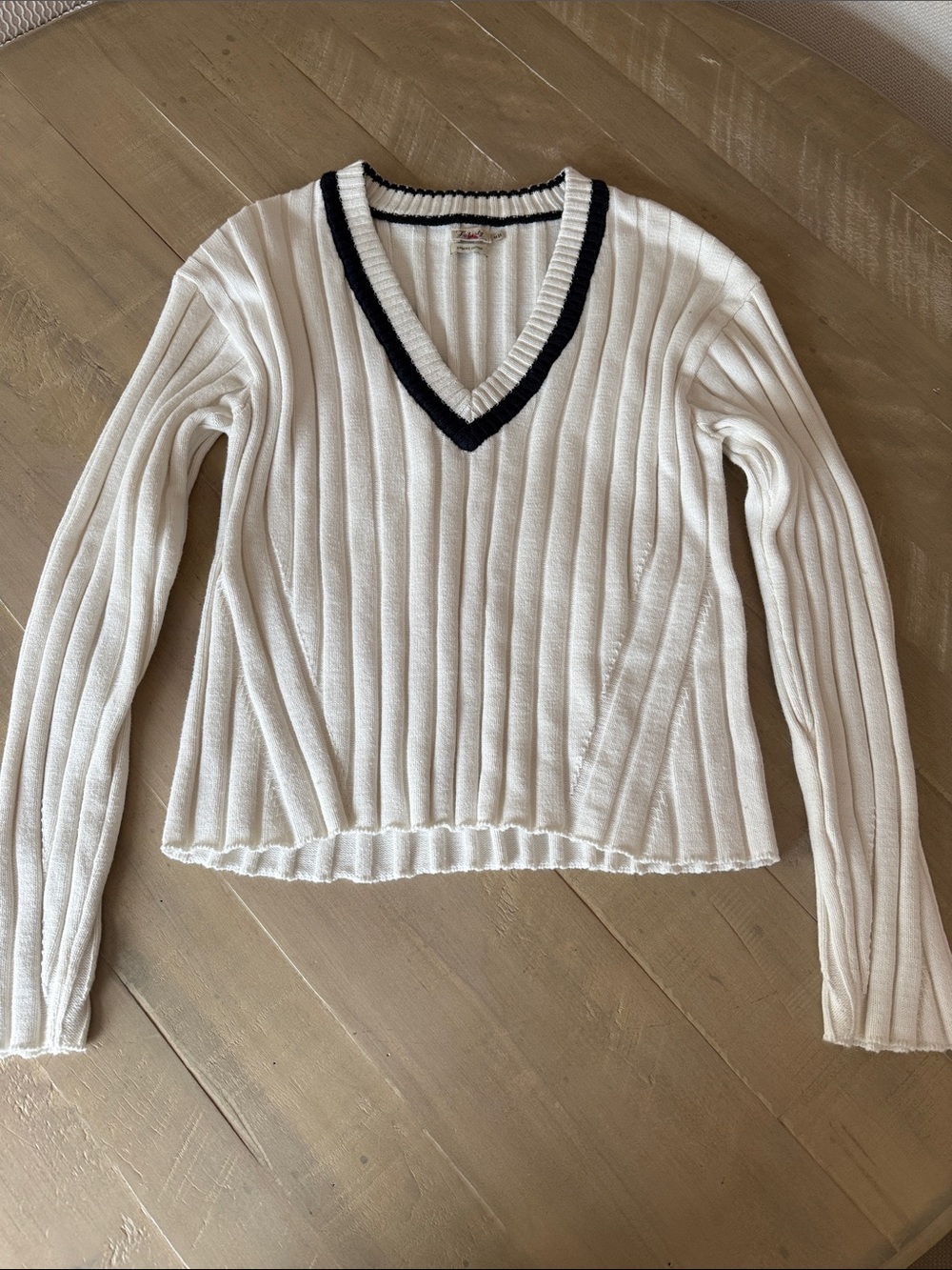 Faherty Cotton V Neck Cricket Sweater with Navy Trim